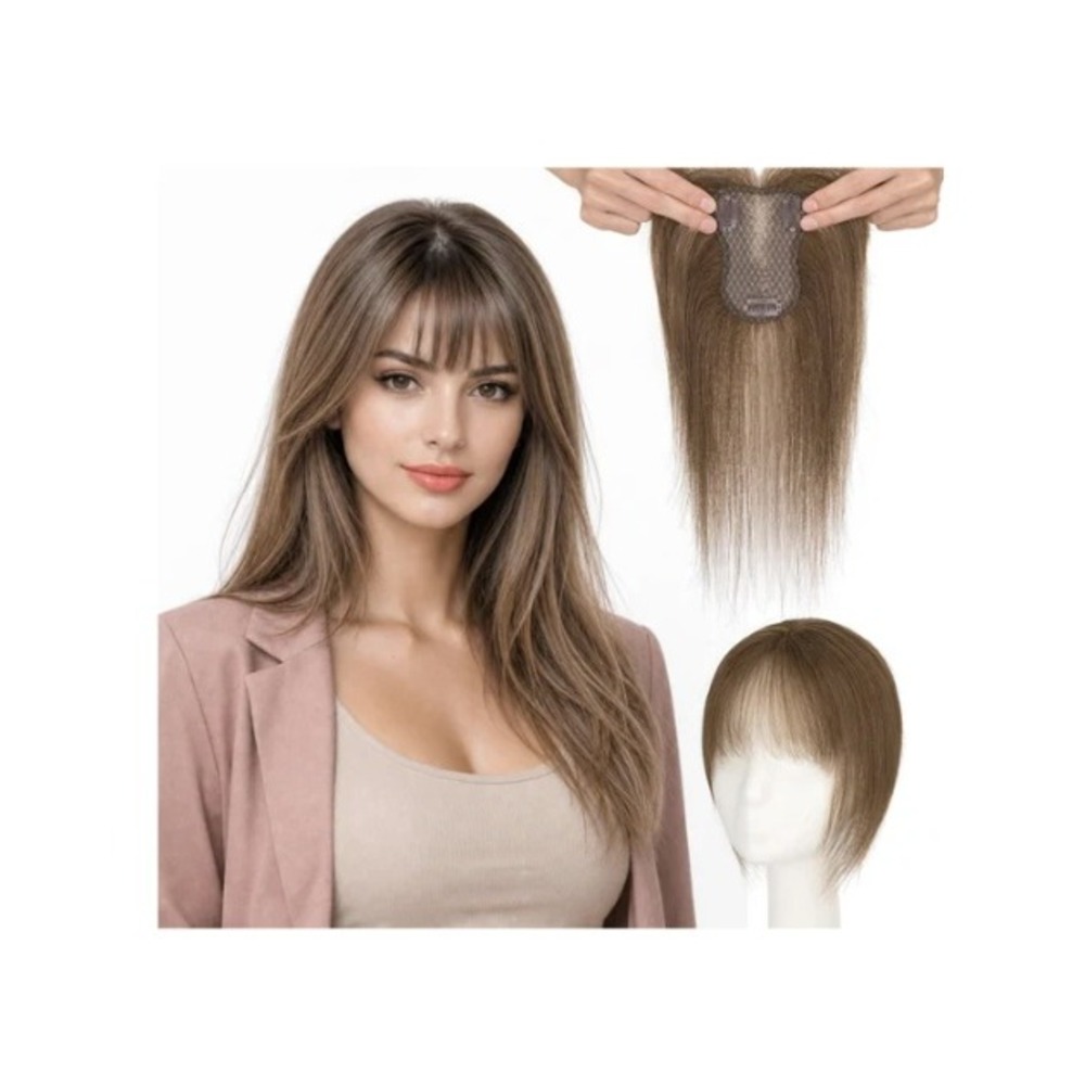 SLEEKALON Human Hair Topper 10in Medium Brown #04 Air Bangs Lace Base Natural